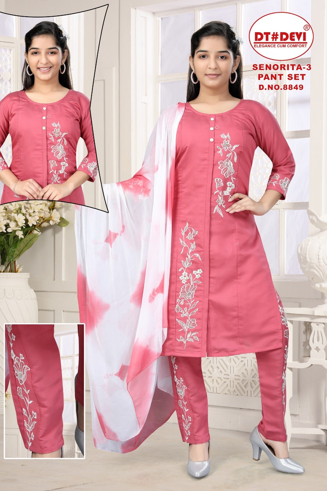 Senorita Vol 3 8849 Dt Devi Roman Silk Girls Readymade Pant Suits Wholesale Rate