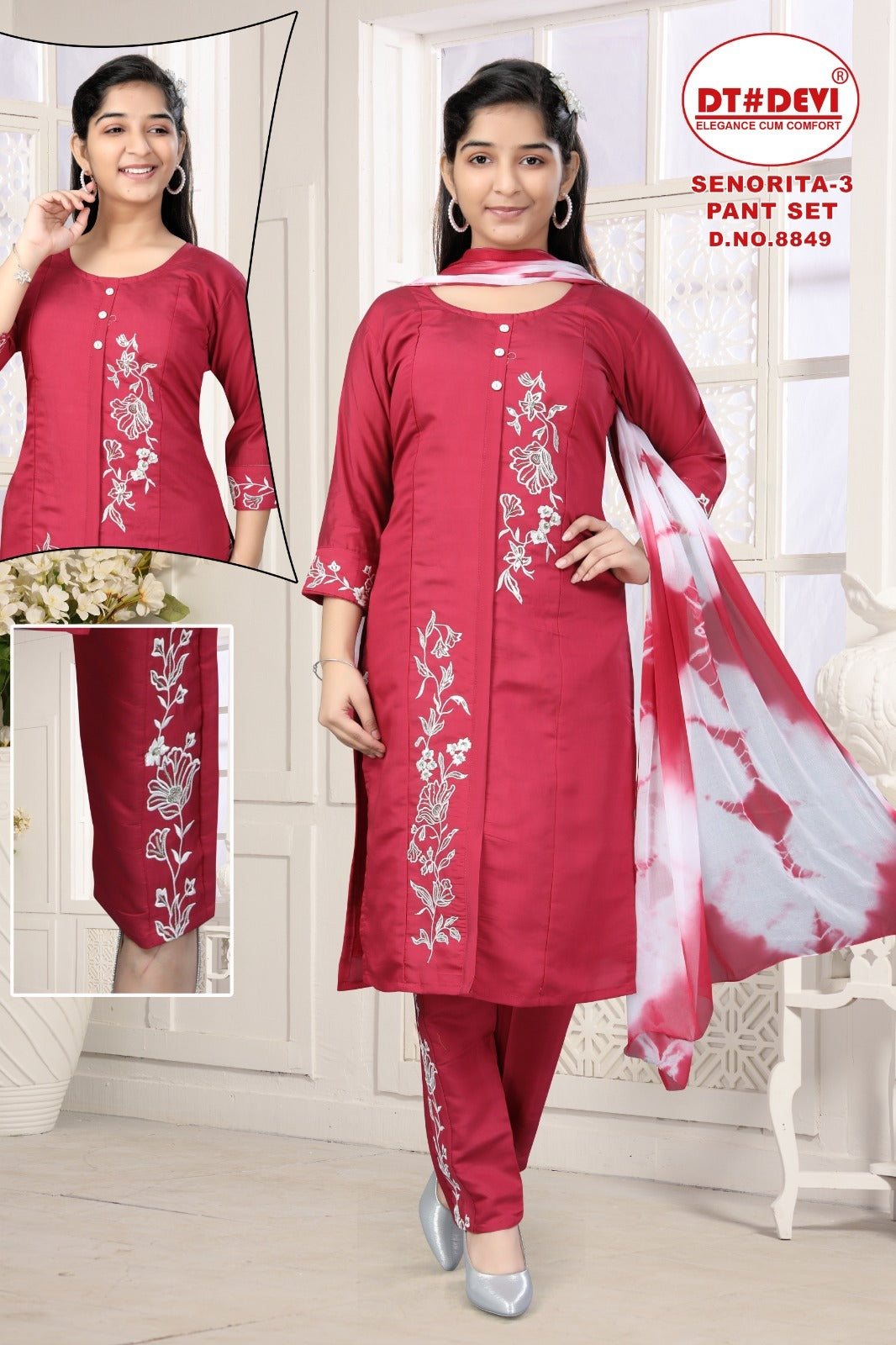 Senorita Vol 3 8849 Dt Devi Roman Silk Girls Readymade Pant Suits Wholesale Rate