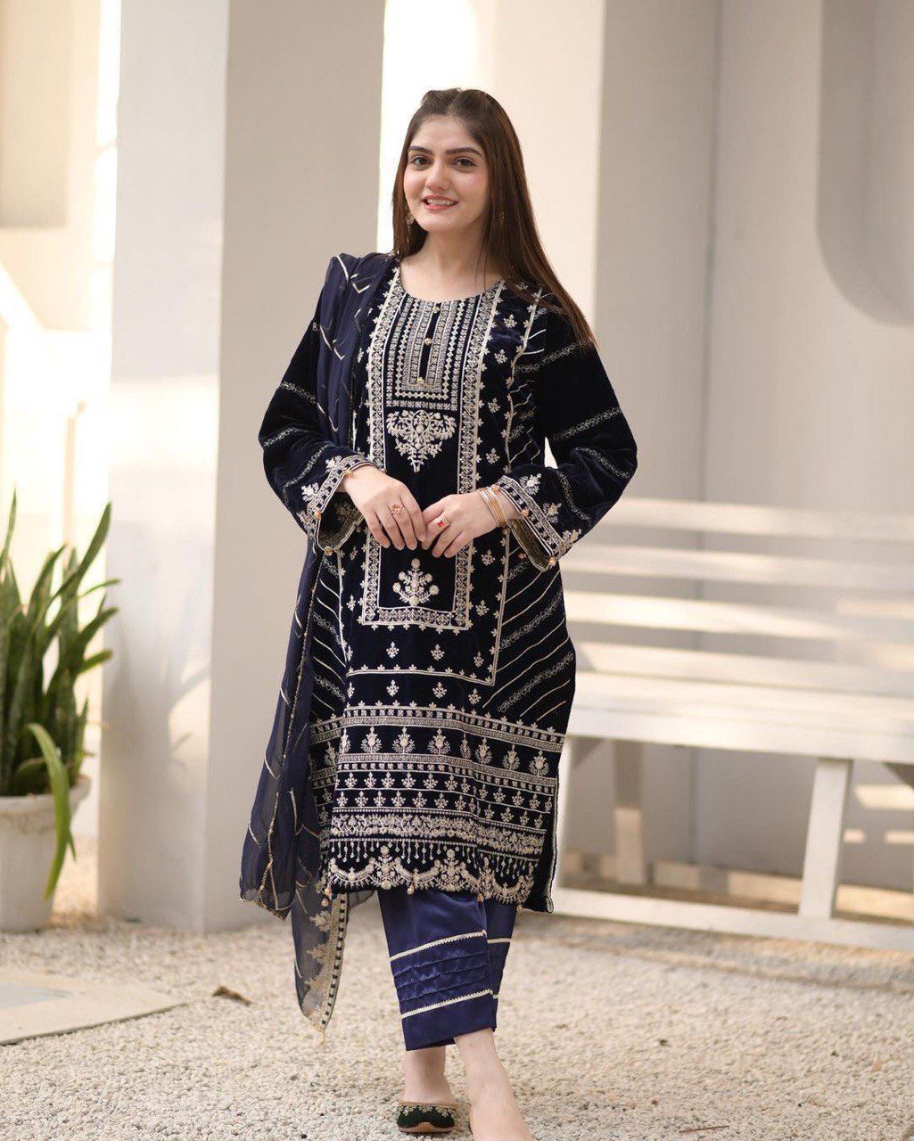 Sequence Embroidery Work Ruc Readymade Velvet Suits Wholesale