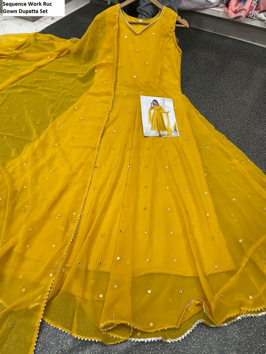 Sequence Work Ruc Georgette Gown Dupatta Set Wholesale Price