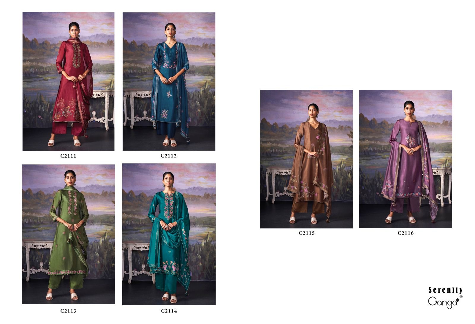 Serenity C2111-C2116 Ganga Russian Silk Plazzo Style Suits Exporter India