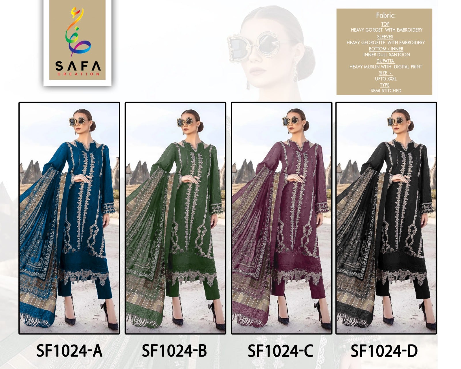 Sf 1024 Safa Creation Georgette Pakistani Salwar Suits Exporter India