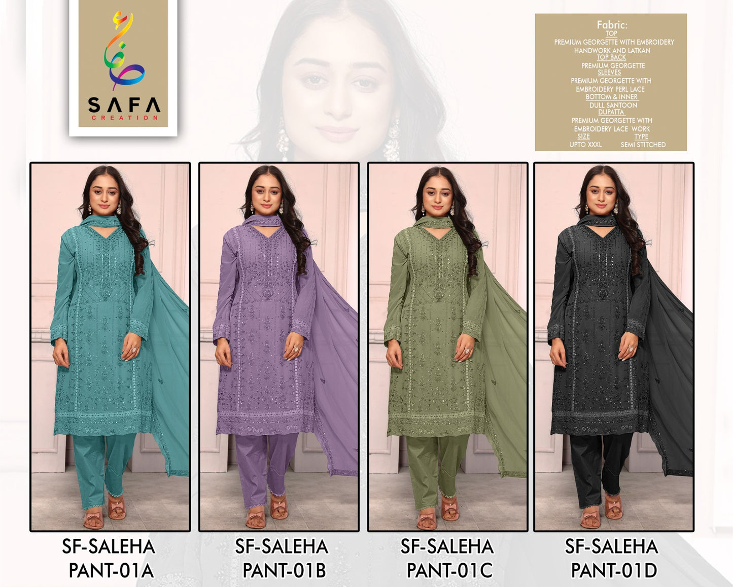 Sf Saleha 01Abcd Safa Creation Georgette Pakistani Salwar Suits Supplier Gujarat