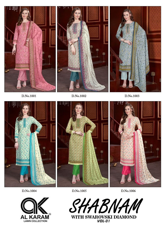 Shabnam With Swarovski Diamond Vol 1 Al Karam Cotton Karachi Salwar Suits Exporter India