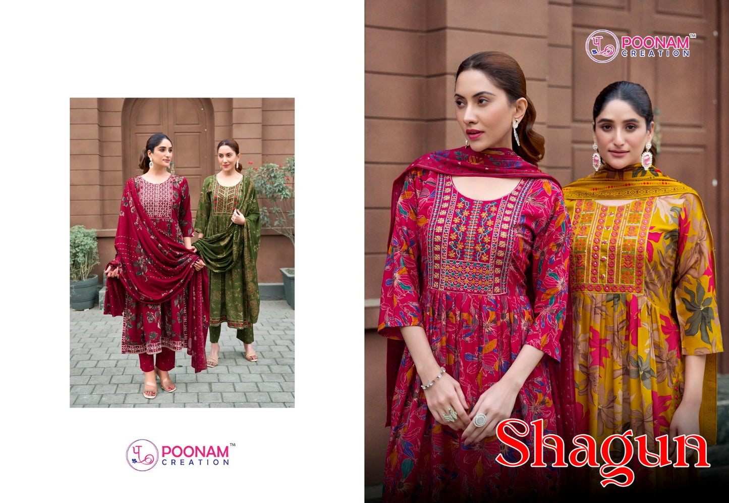 Shagun Poonam Creation Heavy Reyon Readymade Pant Style Suits Exporter Gujarat