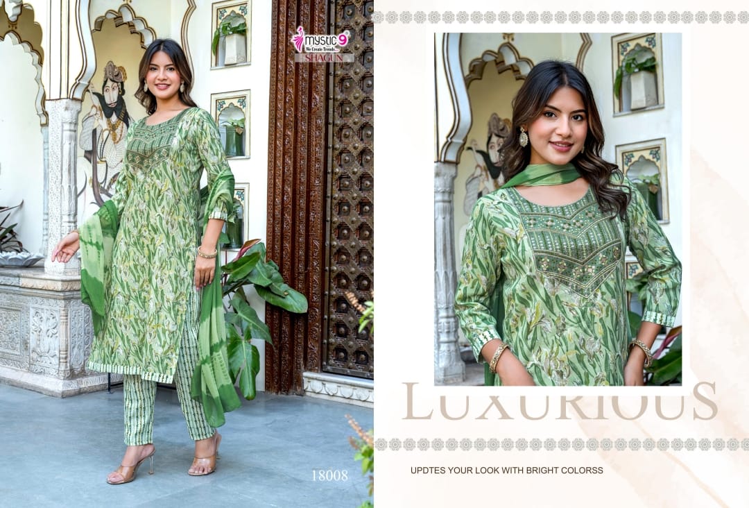Shagun Vol 18 Mystic 9 Rayon Capsule Readymade Pant Style Suits Exporter