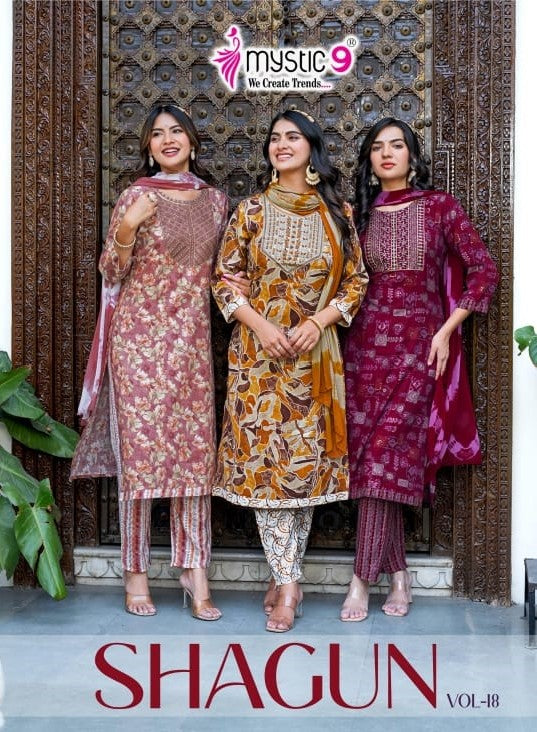 Shagun Vol 18 Mystic 9 Rayon Capsule Readymade Pant Style Suits Exporter