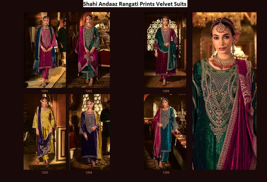 Shahi Andaaz Rangati Prints Viscose Velvet Suits Wholesaler India