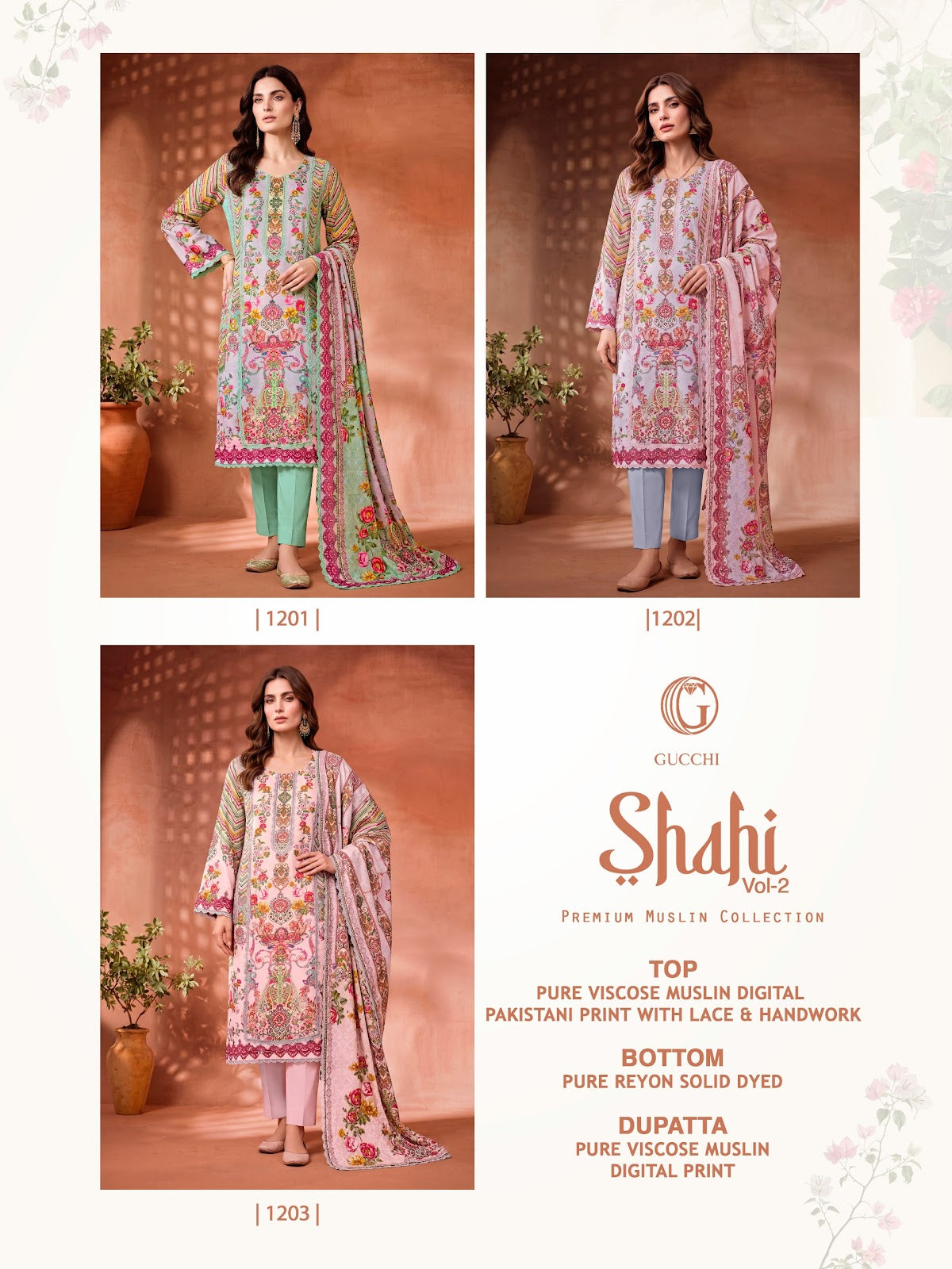 Shahi Vol 2 Gucchi Viscose Muslin Pakistani Readymade Suits Wholesaler Ahmedabad
