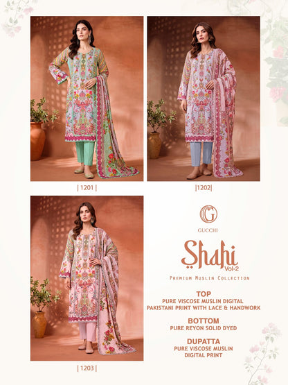 Shahi Vol 2 Gucchi Viscose Muslin Pakistani Readymade Suits Wholesaler Ahmedabad