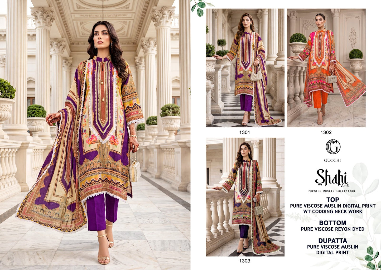 Shahi Vol 3 Gucchi Viscose Muslin Pakistani Readymade Suits Supplier Ahmedabad