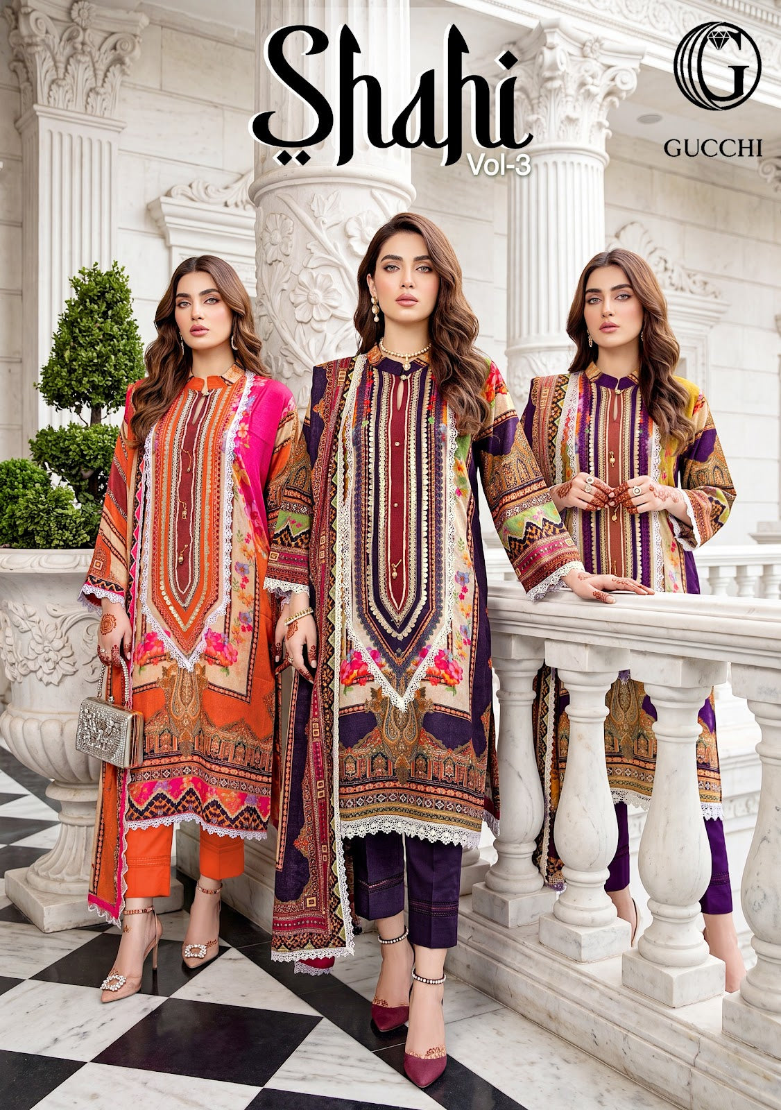 Shahi Vol 3 Gucchi Viscose Muslin Pakistani Readymade Suits Supplier Ahmedabad