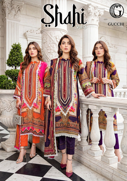 Shahi Vol 3 Gucchi Viscose Muslin Pakistani Readymade Suits Supplier Ahmedabad