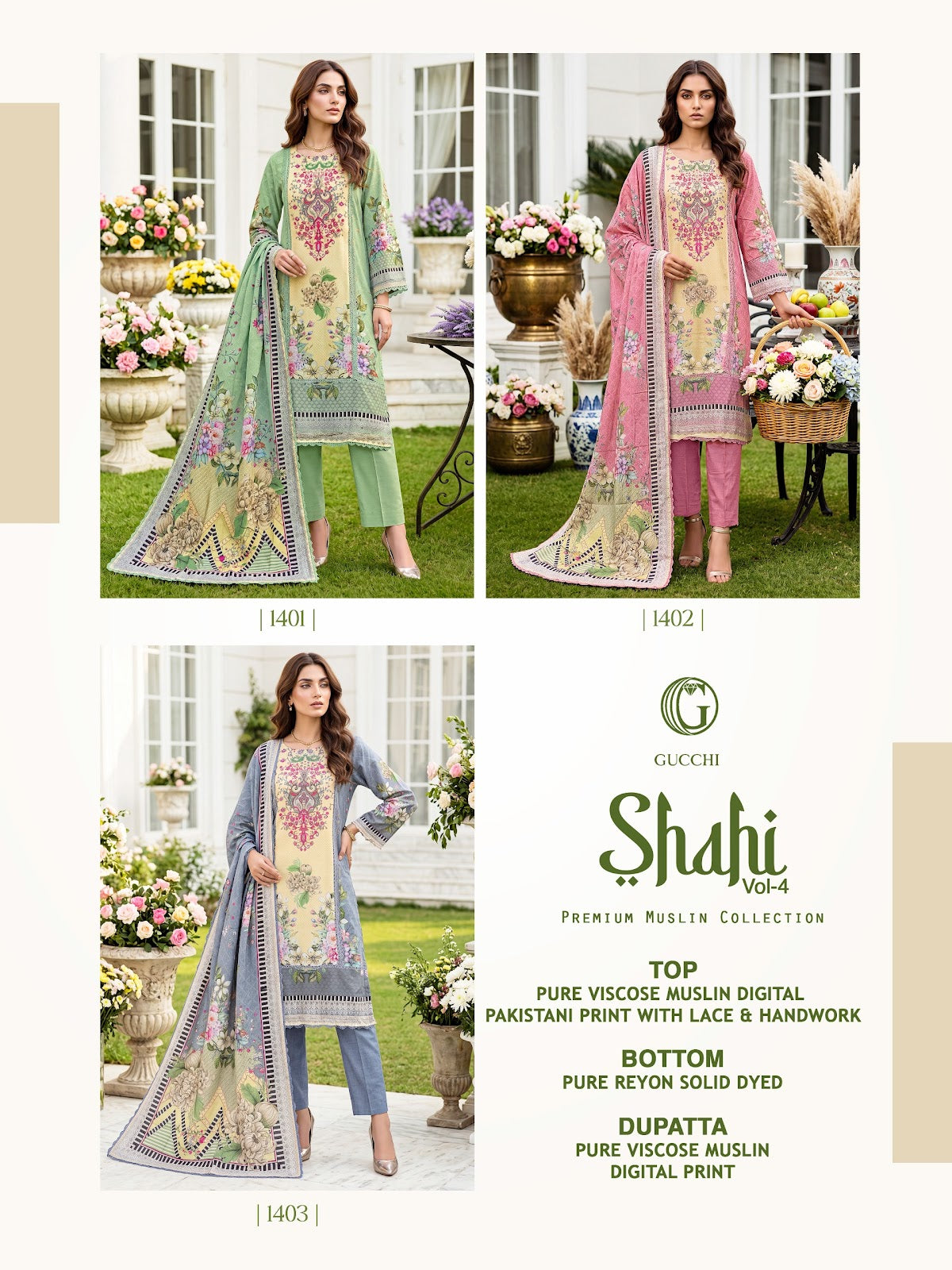 Shahi Vol 4 Gucchi Viscose Muslin Pakistani Readymade Suits Exporter Ahmedabad