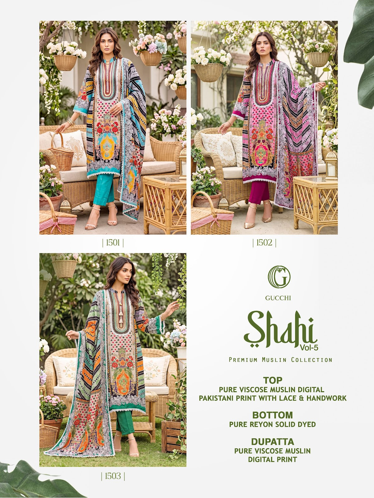 Shahi Vol 5 Gucchi Viscose Muslin Pakistani Readymade Suits Wholesaler Ahmedabad