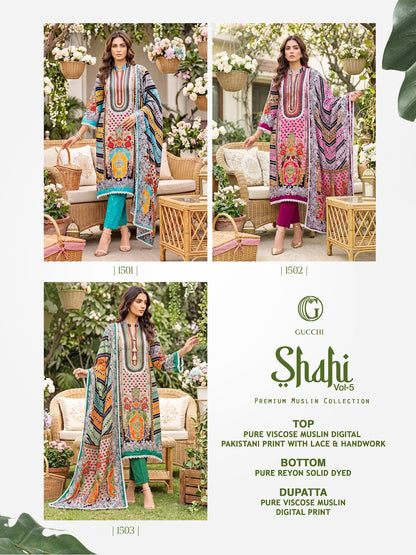 Shahi Vol 5 Gucchi Viscose Muslin Pakistani Readymade Suits Wholesaler Ahmedabad