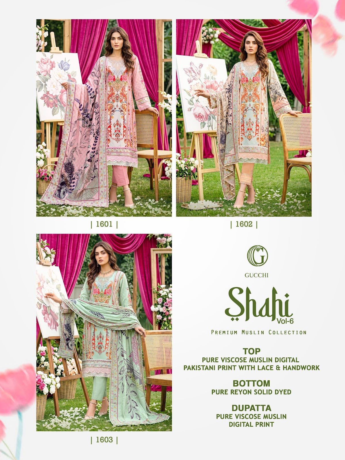 Shahi Vol 6 Gucchi Viscose Muslin Pakistani Readymade Suits Wholesale Price
