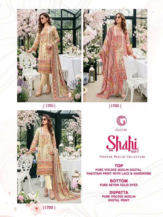 Shahi Vol 7 Gucchi Viscose Muslin Pakistani Readymade Suits Manufacturer India