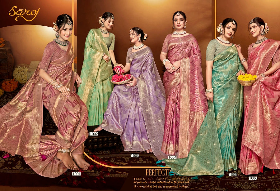 Shahzeen Tissue Swaroski Vol 4 Saroj Satin Sarees Wholesaler India
