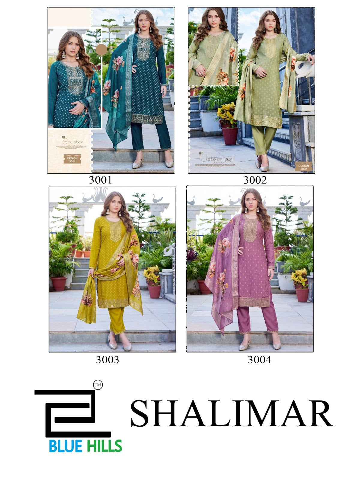 Shalimar Long Sleeve Blue Hills Chanderi Readymade Pant Style Suits Wholesaler India