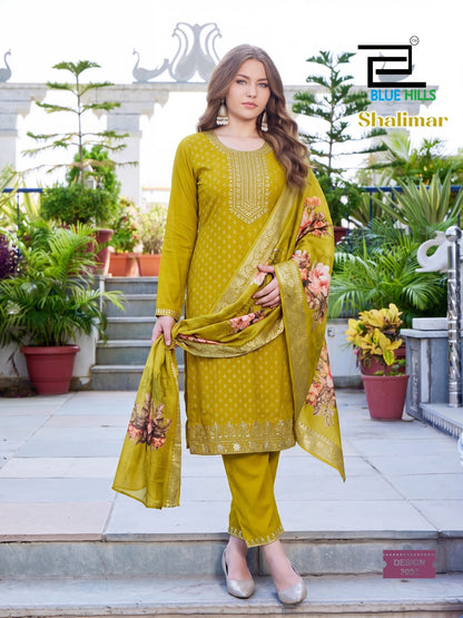Shalimar Long Sleeve Blue Hills Chanderi Readymade Pant Style Suits Wholesaler India
