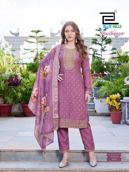 Shalimar Long Sleeve Blue Hills Chanderi Readymade Pant Style Suits Wholesaler India