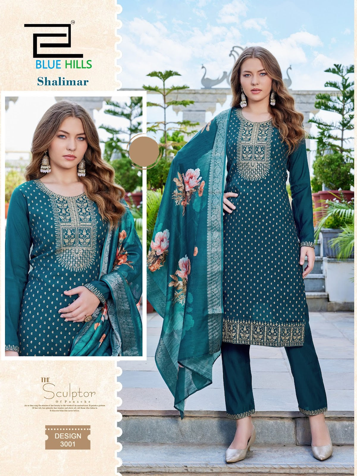 Shalimar Long Sleeve Blue Hills Chanderi Readymade Pant Style Suits Wholesaler India
