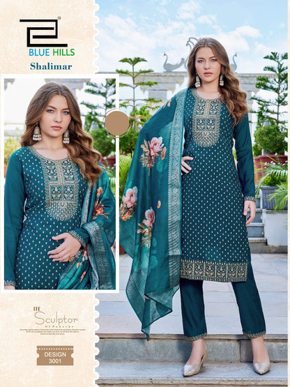 Shalimar Long Sleeve Blue Hills Chanderi Readymade Pant Style Suits Wholesaler India