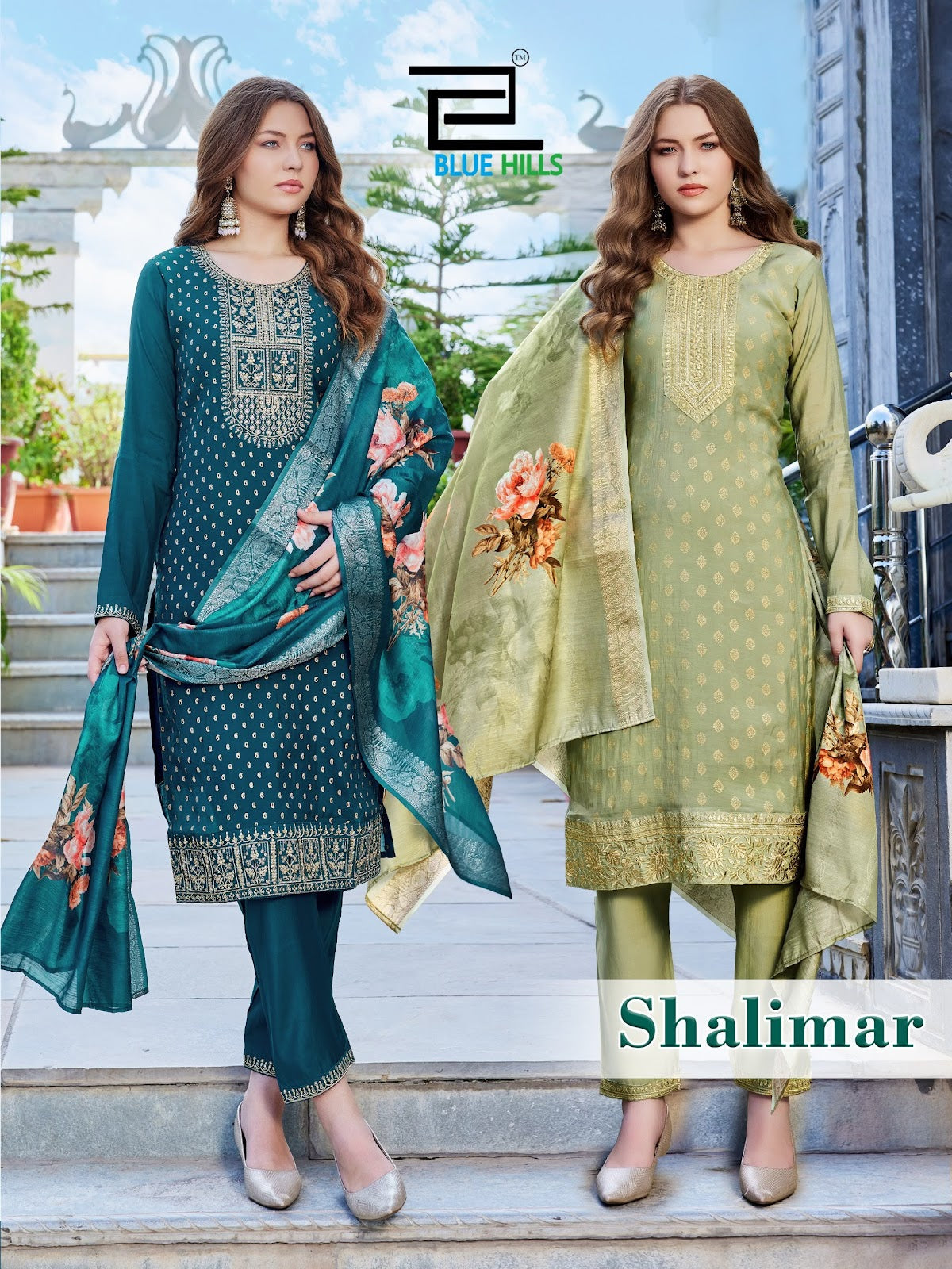 Shalimar Long Sleeve Blue Hills Chanderi Readymade Pant Style Suits Wholesaler India