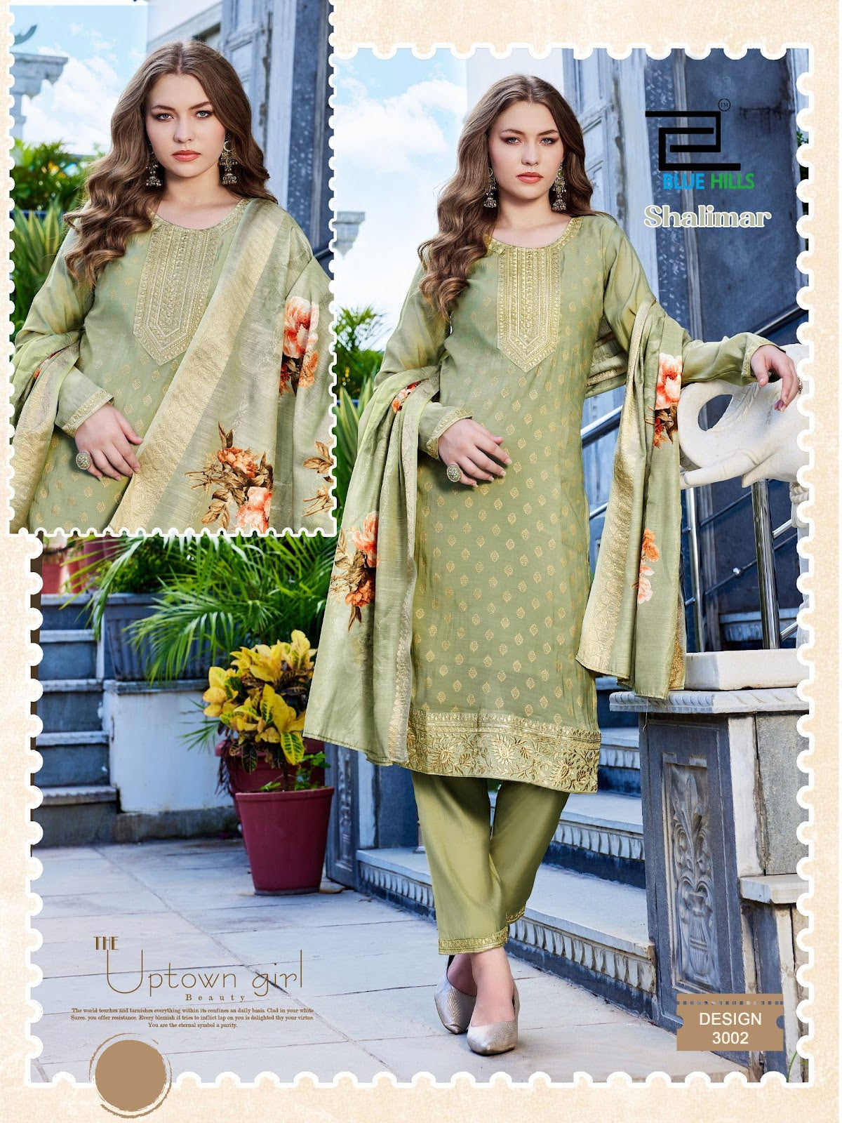 Shalimar Long Sleeve Blue Hills Chanderi Readymade Pant Style Suits Wholesaler India