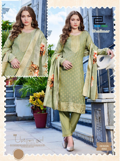 Shalimar Long Sleeve Blue Hills Chanderi Readymade Pant Style Suits Wholesaler India