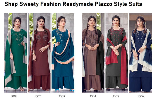 Shap Sweety Fashion Chinon Readymade Plazzo Style Suits Wholesale Price