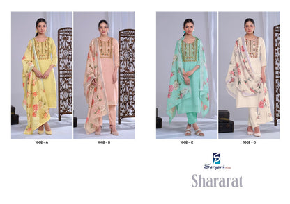 Shararat Sargam Prints Lilen Pant Style Suits Supplier Ahmedabad