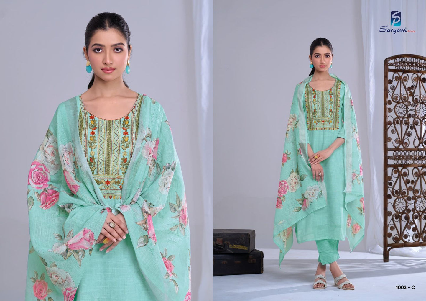 Shararat Sargam Prints Lilen Pant Style Suits Supplier Ahmedabad