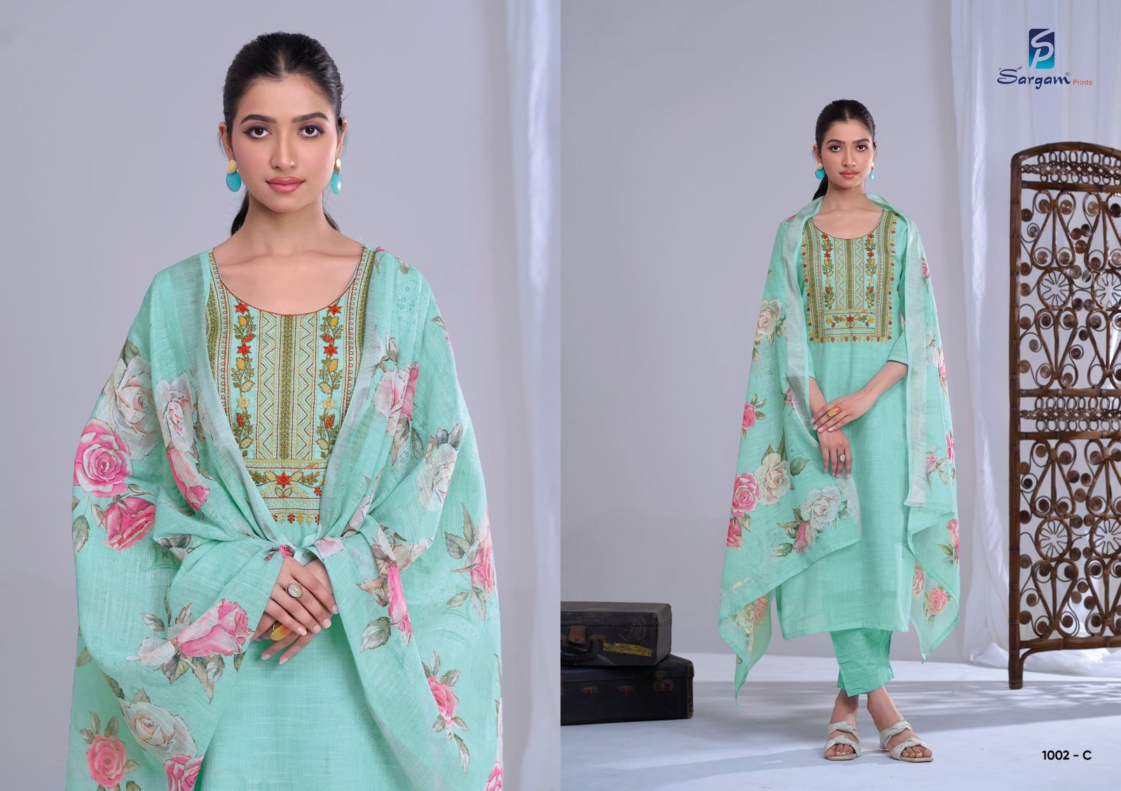 Shararat Sargam Prints Lilen Pant Style Suits Supplier Ahmedabad