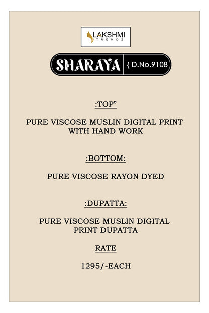 Sharaya 9108 Lakshmi Trendz Viscose Muslin Pant Style Suits Supplier Ahmedabad