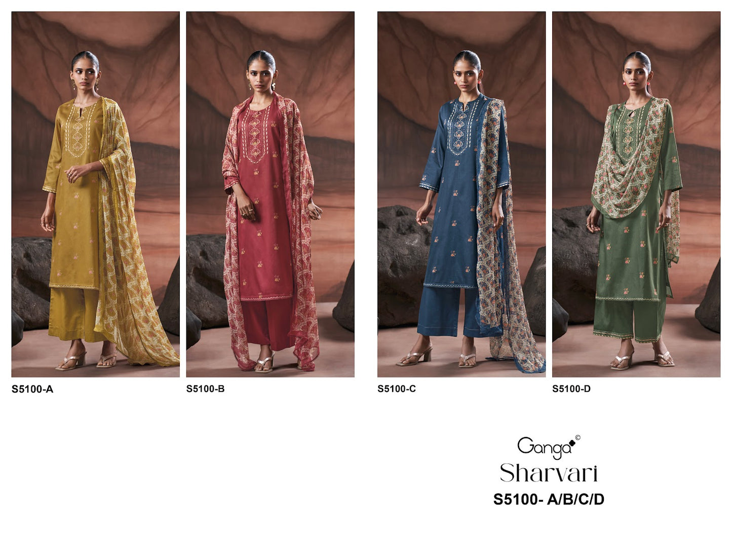 Sharvari S5100 Ganga Cotton Satin Plazzo Style Suits Exporter Gujarat