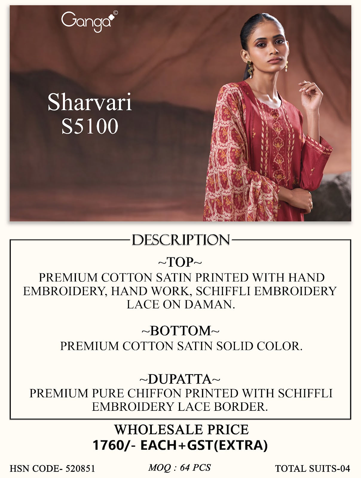 Sharvari S5100 Ganga Cotton Satin Plazzo Style Suits Exporter Gujarat