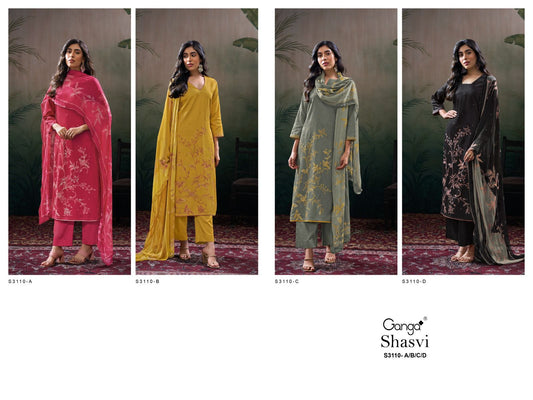 Shasvi S3110 Ganga Cotton Satin Plazzo Style Suits Wholesaler Ahmedabad
