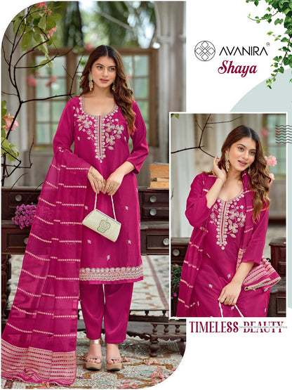 Shaya Avanira Roman Silk Readymade Pant Style Suits Wholesaler Ahmedabad