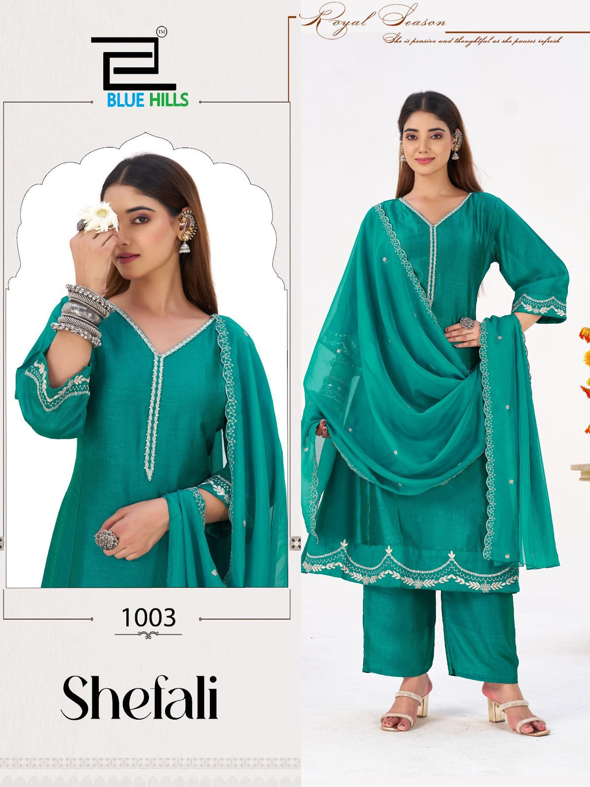 Shefali Blue Hills Vichitra Silk Readymade Plazzo Style Suits Exporter India