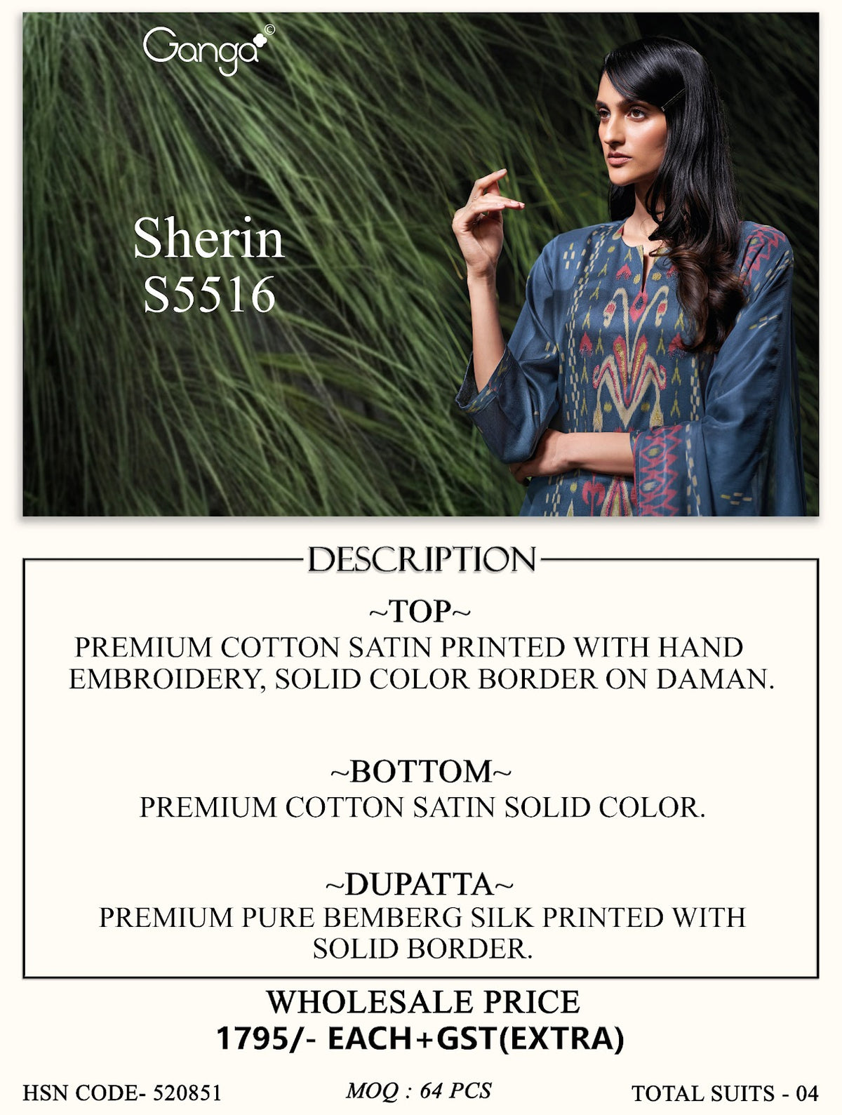 Sherin S5516 Ganga Cotton Satin Pant Style Suits Manufacturer Gujarat