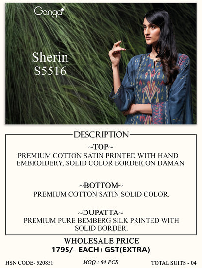 Sherin S5516 Ganga Cotton Satin Pant Style Suits Manufacturer Gujarat