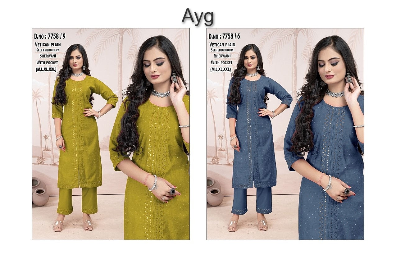 Sherwani Style 1308 Ayg Vetican Kurti Pant Set Wholesale Rate