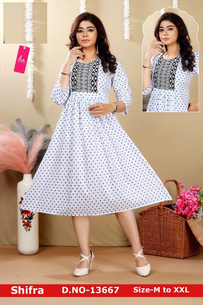 Shifra-White Jnx Rayon Anarkali Kurtis Exporter Gujarat