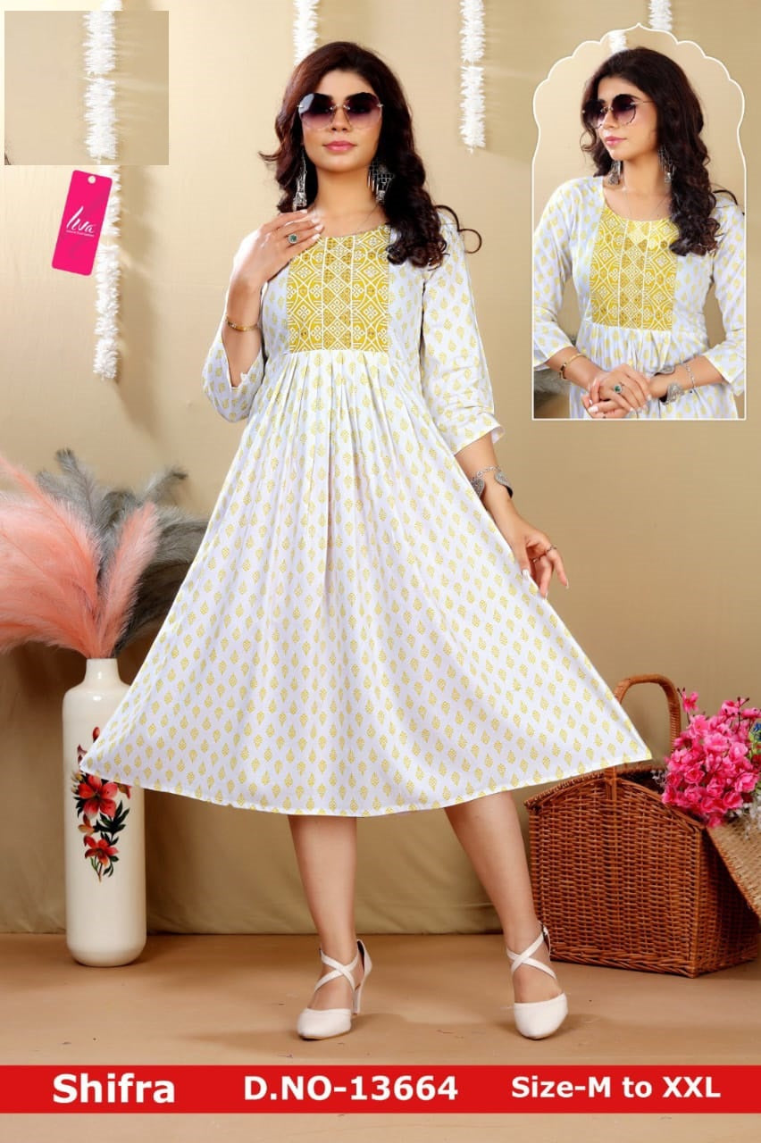 Shifra-White Jnx Rayon Anarkali Kurtis Exporter Gujarat