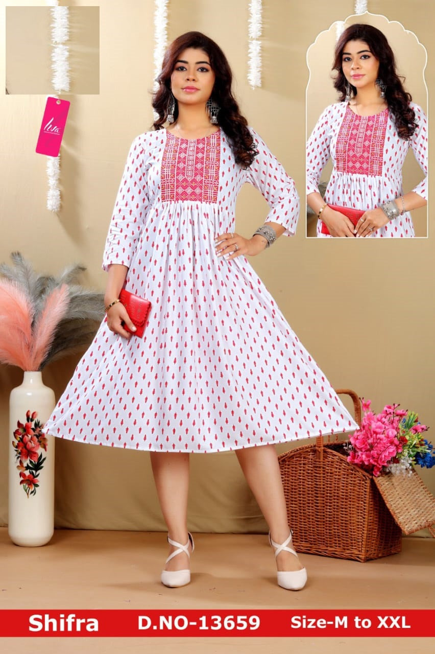 Shifra-White Jnx Rayon Anarkali Kurtis Exporter Gujarat