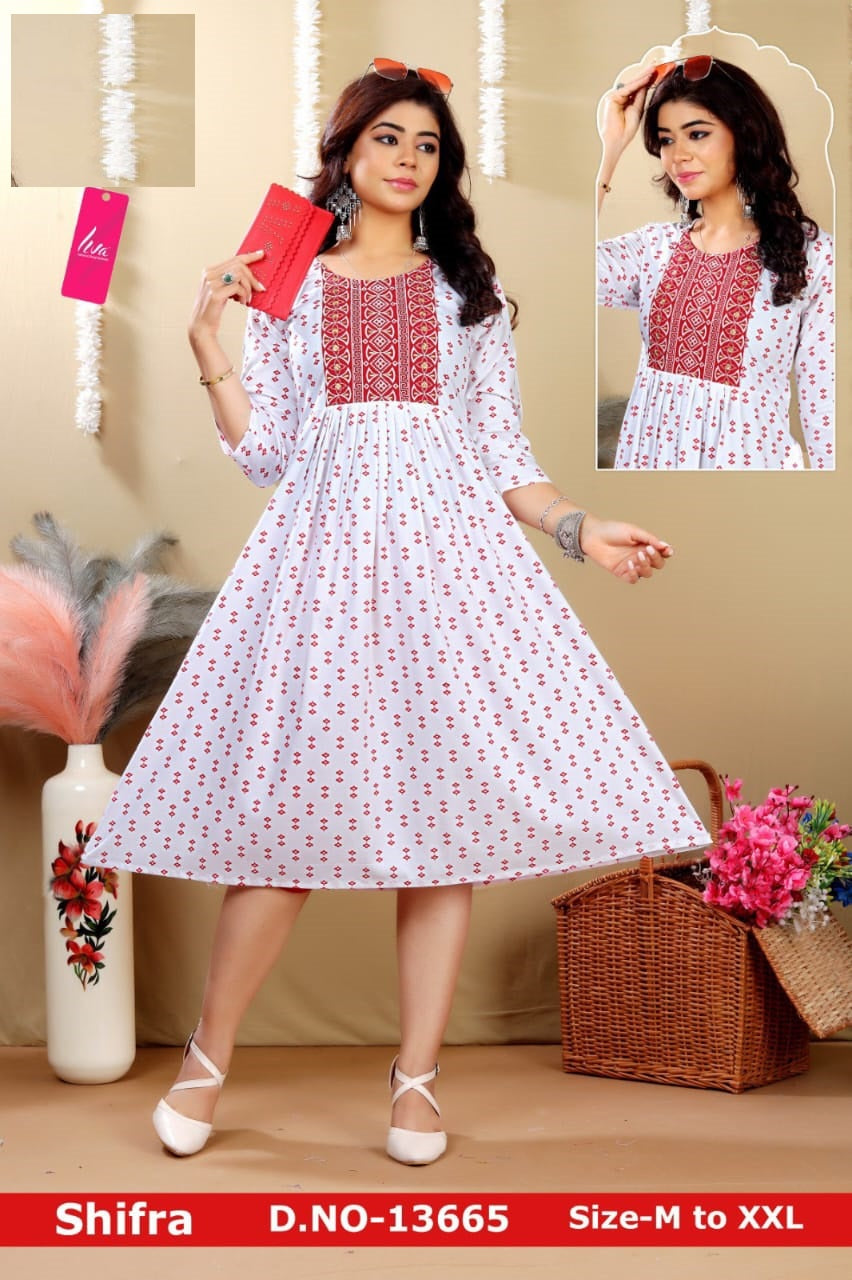 Shifra-White Jnx Rayon Anarkali Kurtis Exporter Gujarat