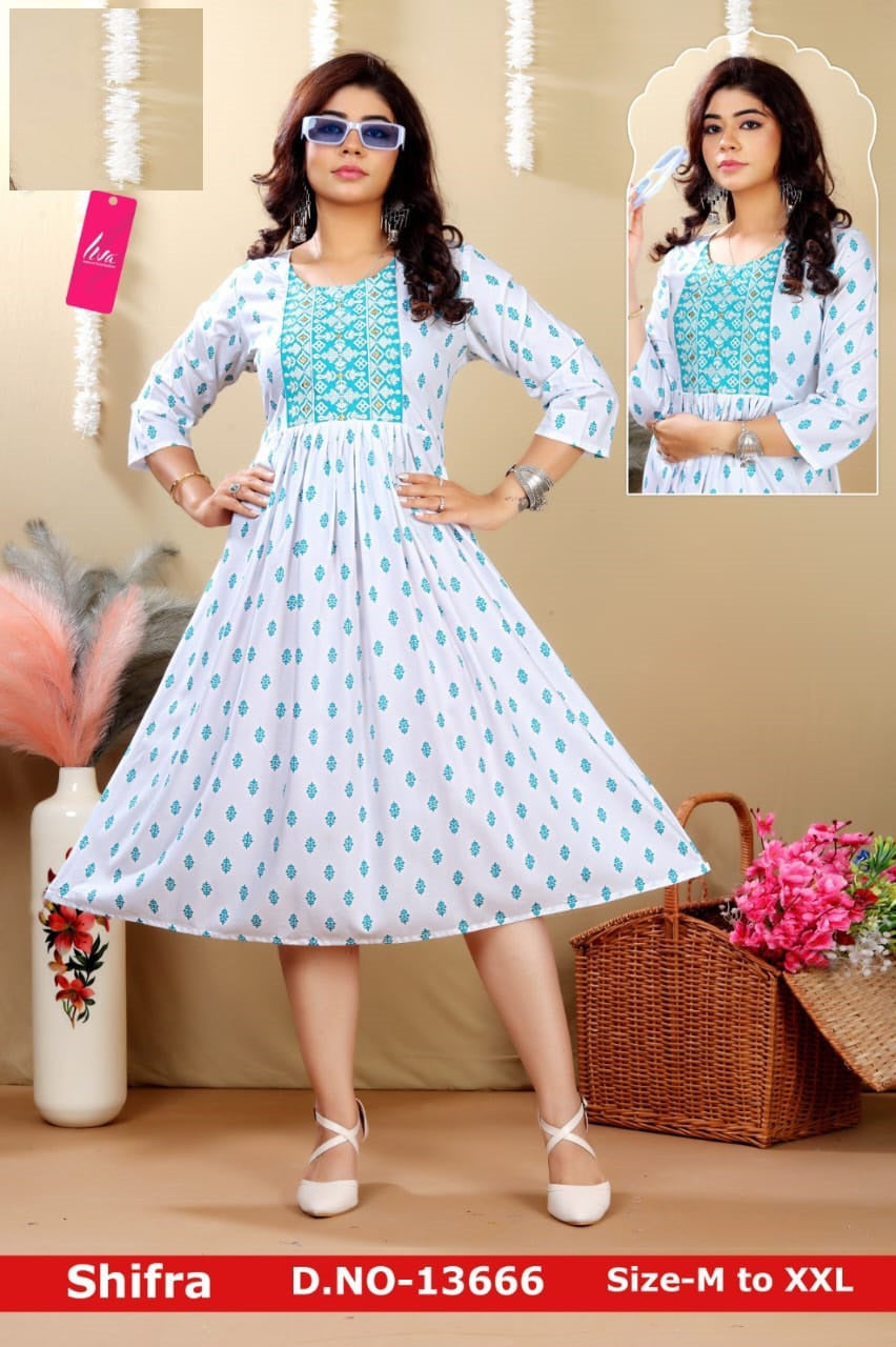 Shifra-White Jnx Rayon Anarkali Kurtis Exporter Gujarat