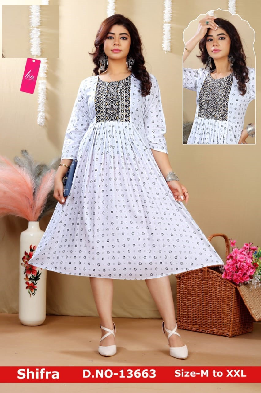 Shifra-White Jnx Rayon Anarkali Kurtis Exporter Gujarat